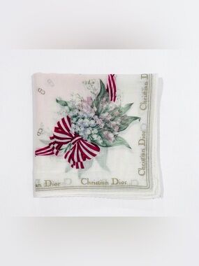 WOMEN HANDKERCHIEF Floral White Pink Bow Mini Scarf COTTON 18” Unbranded